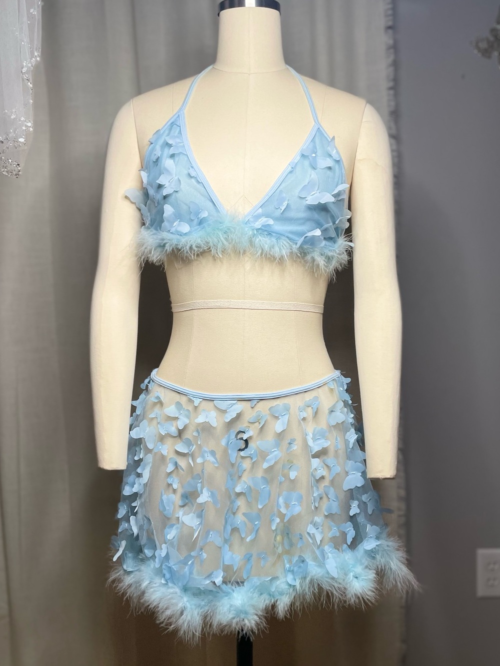 🩵Tutu Lingerie Set - Sky Blue Butterfly Bra & Skirt with Fur Trim Size M*